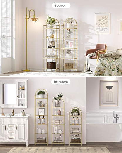Bookcase Bookshelf, Tempered Glass Bookshelves, Slim Shelving Unit for Bedroom, Bathroom, Home Office, Steel Frame, 6 Tier Gold BC10601G
