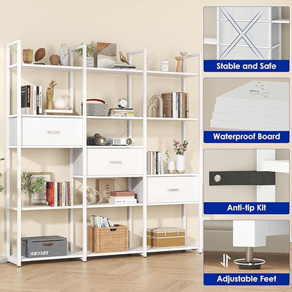 73.6" Tall Bookshelf with 3 Drawers and 16 Storage Shelves, Industrial Bookcase with 16 Open Display Shelves, Large Etagere Bookshelf, Triple Wide Book Shelf Book Case for Home & Office, White