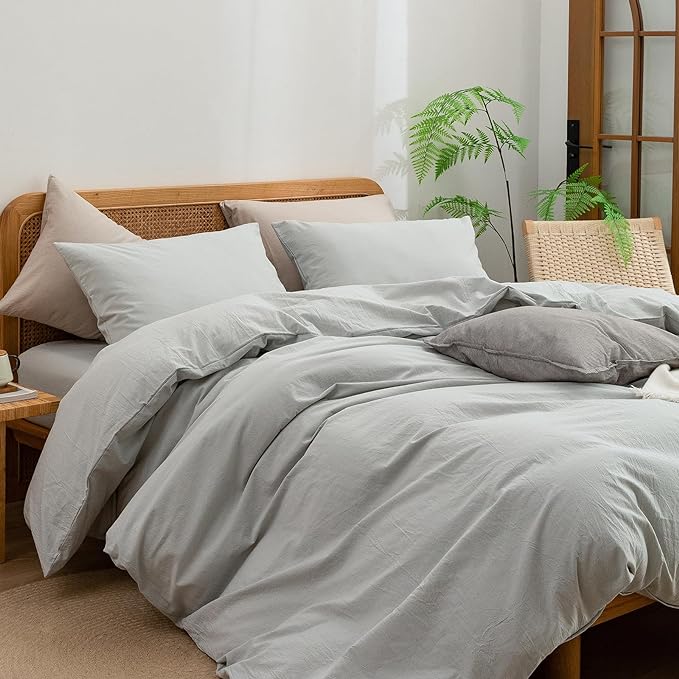 BESTOUCH Duvet Cover Set 100% Washed Cotton Linen Feel Super Soft Comfortable Chic Lightweight 3 PCs Home Bedding Set Solid Northern Droplet Grey King