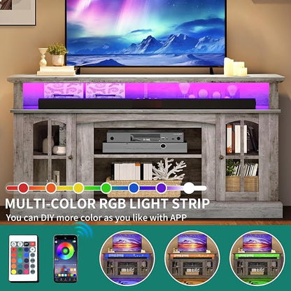 YITAHOME LED Farmhouse TV Stand for 65 Inch w/Outlets, Modern Entertainment Center with Glass Doors and Adjustable Storage Shelves, Media Console TV Cabinet for for Living Room, Grey