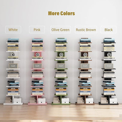 TUTOTAK Bookshelf, 8-Tier Bookcase, Narrow Spine Book Shelf for Small Space, Corner Standing Shelf for Living Room, Office, Study, Entryway, Olive Green BS06BOG008