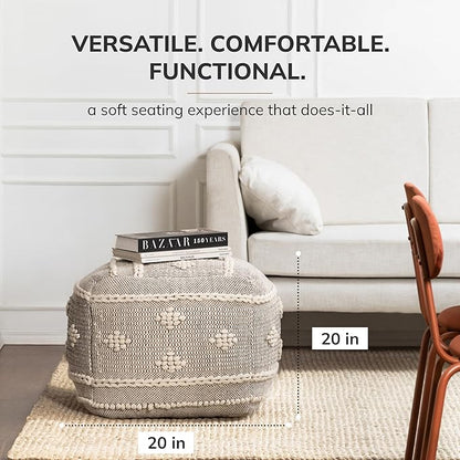 Anji Mountain 100% Handmade & Handcrafted Comfortable Home Décor Pouf Ottoman Footrest for Living Room, Bedroom, Nursery, Kidsroom, Patio Furniture - (20" x 20" x 20"- Black,Ivory)