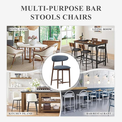 COLAMY Mid Century Modern Bar Stools Set of 4, Counter Height, Blue Fabric Upholstered Wooden Barstools with Back, 25 Inch