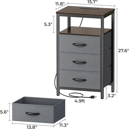 Huuger Nightstands Set of 2, 27.6 Inch End Tables with Charging Station, Fabric Drawers, Bedside Tables with USB Port and Outlet, Night Stands for Bedroom, Walnut