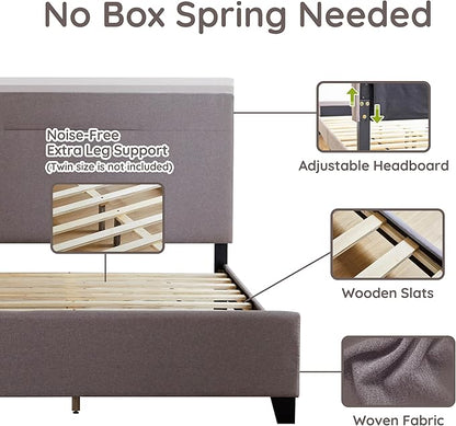 Livinia Amelia Queen Size Platform Bed, Fabric Upholstered Queen Bed Frame with Height Adjustable Headboard Footboard, Strong Wood Slats, No Box Spring Needed, Brown
