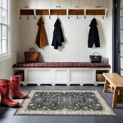 Large 3x5 Entryway Rug Indoor - Washable Non-Slip Low Pile Ultra Soft Area Rug for Large Kitchen, Bedroom Bedside, Mudroom - Boho Modern Aesthetic Geometric Decor (3x5 Black/Multi)