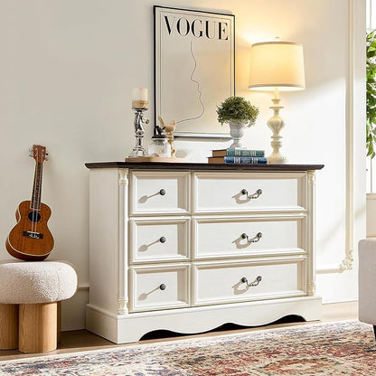 Farmhouse 6 Drawers Dresser for Bedroom with Charging Station, Wood Country Rustic Storage Dressers Organizer, Vintage Design Chest of Drawers for Bedroom, Living Room
