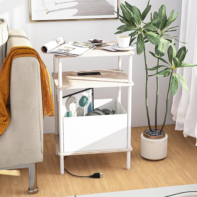 Small Side Table with Charging Station, End Table for Small Spaces, Slim Nightstand with Outlet,Sofa Beside Table, 3-Tier Storage Shelf,Living Room, Bed Room, Natrual Oak