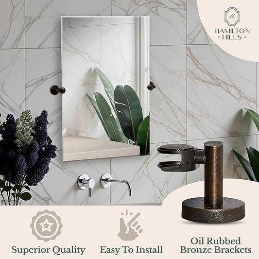 Hamilton Hills 30x40 inch Frameless Pivot Mirrors for Bathrooms with Oil Rubbed Bronze Rounded Wall Brackets - Rectangular Tilting and Farmhouse Wall-Mounted Vanity - Hangs Horizontally and Vertically
