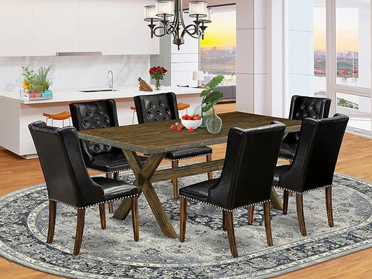 East West Furniture X777FO749-7 7 Piece Dining Room Furniture Set Consist of a Rectangle Dining Table with X-Legs and 6 Black Faux Leather Upholstered Chairs, 40x72 Inch, Multi-Color