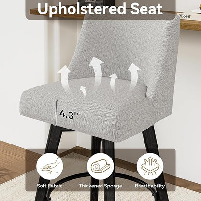 26.8 Inch Counter Height Bar Stools with Back, Swivel Bar Stools Set of 2, Modern Kitchen Barstools with Footrest, Linen Upholstered Bar Chairs, Solid Wood Legs for Island, Pub, Light Grey