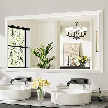 55x30 Inch White Bathroom Mirror for Wall, Thick Metal Framed Rectangle Mirrors for Over Sink, Bedroom, Living Room, Entryway, Anti-Rust, HD Tempered Glass