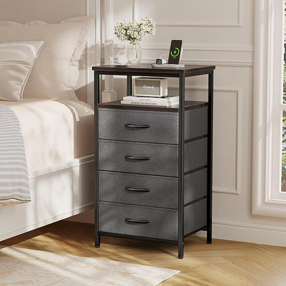 Huuger Night Stand with Charging Station, 4 Drawer Dresser for Bedroom, Bedside Table, 33.9 Inch Tall Nightstand with Open Shelf, End Table, for Closet, Entryway, Bedroom, Walnut