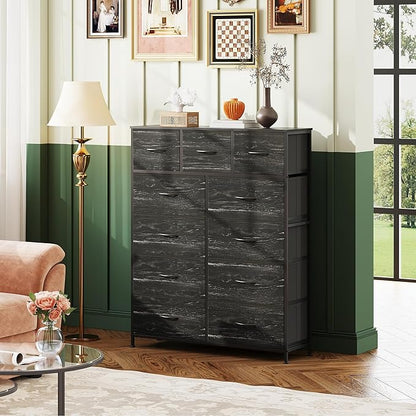 WLIVE Storage Organizer Unit with 11 Fabric Bins, Storage Drawers Organizer with Steel Frame, Tall Storage Tower Organizaton for Living Room, Hallway, Office, Charcoal Black Wood Grain Print