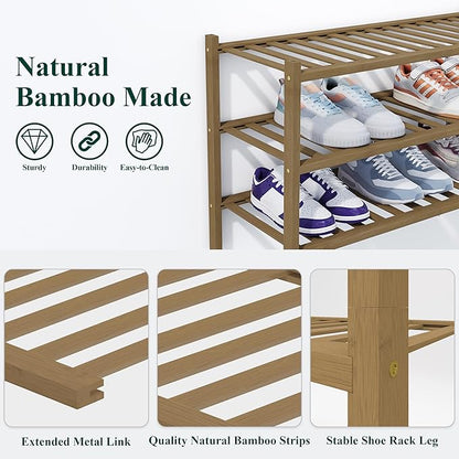 Smiry Shoe Rack, 3 Tier Thick Bamboo Shoe Organizer, Stackable Free Standing Wooden Shoe Storage Shelf for Closet, Entryway, Front Door Entrance, Walnut