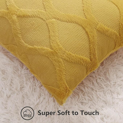 decorUhome Fall Throw Pillow Covers 16x16 Inch Set of 2, Soft Plush Faux Fur Wool Mustard Yellow Couch Pillow Covers, Decorative Neutral Pillow Cases for Bed Sofa Living Room Home Decor