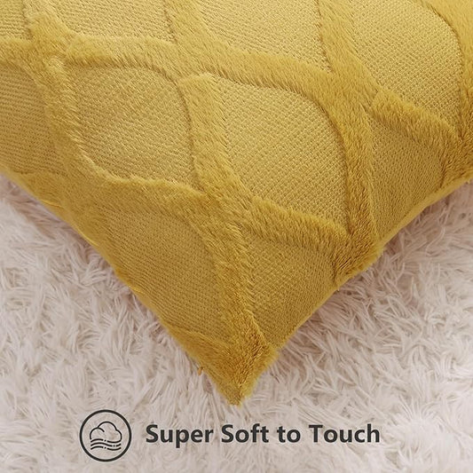 decorUhome Fall Throw Pillow Covers 20x20 Inch Set of 2, Soft Plush Faux Fur Wool Mustard Yellow Couch Pillow Covers, Decorative Neutral Pillow Cases for Bed Sofa Living Room Home Decor