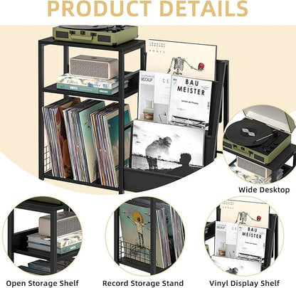 LELELINKY Black End Table,Record Player Stand with Vinyl Storage,3 Tier Side Table with Display Shelf Storage Up to 150 Albums,Industrial Large Record Holder Cabinet for Living Room