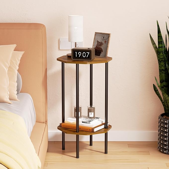 Side Table, Octagonal End Table for Small Spaces, Nightstand with 2 Storage Shelves, Small Table Stand for Bedroom, Living Room, Outdoor Balcony(Brown)