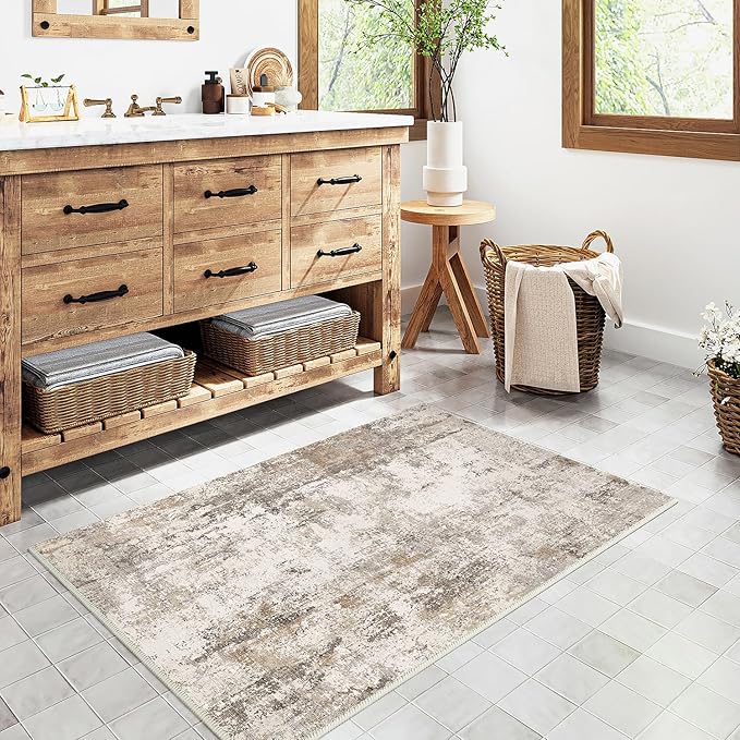 2x3 Washable Area Rug Brown Grey Neutral Abstract Entryway Kitchen Non Slip Low Pile Throw Rug Living Room Bedroom Indoor Doormat Small Soft Carpet for Entrance Bathroom