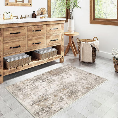 2x3 Washable Area Rug Brown Grey Neutral Abstract Entryway Kitchen Non Slip Low Pile Throw Rug Living Room Bedroom Indoor Doormat Small Soft Carpet for Entrance Bathroom