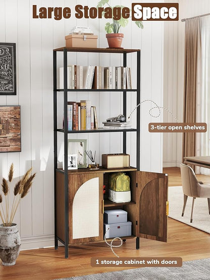 5 Tier Rattan Bookcase with Light 71" Tall Boho Bookshelf with Doors Large Bookcase with Adjustable Shelf Farmhouse Storage Cabinet Bookshelves for Living Room Bedroom Home Office Kitchen