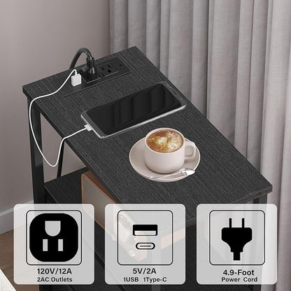 TUTOTAK Small Narrow LED End Table with Charging Station, Side Table Outlets, Nightstand with 2 Cloth Drawers, Couch Table, for Living Room, Bedroom, Bedside, Black TB01BK085L