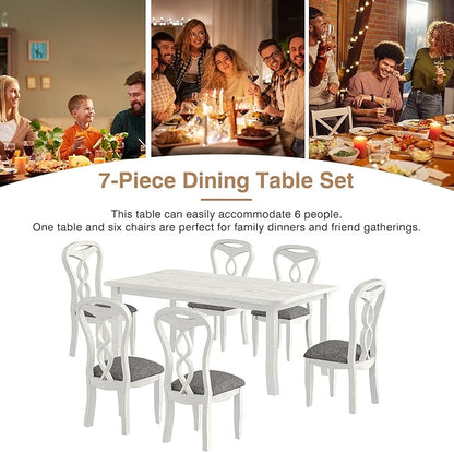 7-Piece Solid Wood Dining Table Set with 6 Upholstered Chairs - Easy Assembly Modern Design for Kitchen & Small Spaces, Durable Wooden Table and Chairs for Dining Room, Kitchen, Light Grey