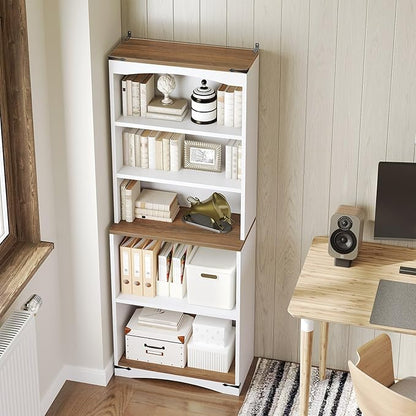 Tall Bookcase and Bookshelf, 6-Tier Bookcase with Storage, 63" Wooden Bookshelf, Farmhouse Freestanding Display Storage Shelves for Home Office, Living Room, White and Natural SJ09WH