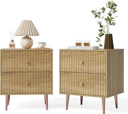 Wood Night Stand Set 2,Modern Bedside Table with Door and Open Storage Space,Fluted Nightstand and Wood End Side Table with Rose Gold Metal Legs and Handles for Bedroom,Living Room,Natural