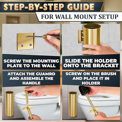 Gold Toilet Brush and Holder Set with Wall Mount - Modern Wall Mounted Toilet Brush Made from Corrosion-Resistant Stainless Steel - Removable Inner Bowl, Splash Protection & Dense Bristles Supplied