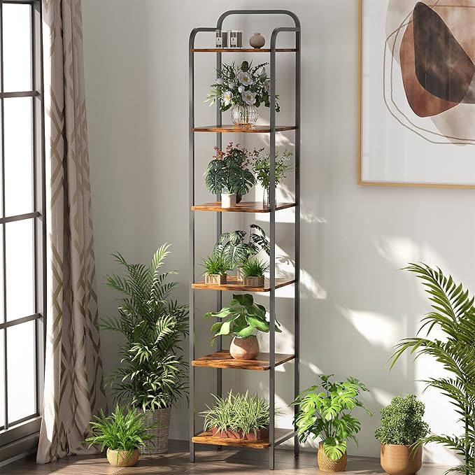 5 Tier Bookshelf, Bookcase with 5 Shelves, Storage Rack Organizer, Corner Wood Storage Shelf with Metal Frame for Bedroom, Living Room (Rustic Brown, 6 Tier)