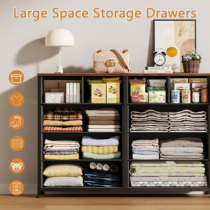 Furnulem Bedroom Dresser for 55”Long TV Stand,10 Storage Organizer Dressers & Chests of Drawers, Sturdy Metal Frame & Wood Top Tall Storage Cabinet for Bedroom Closet Living Room Entryway Rustic Brown
