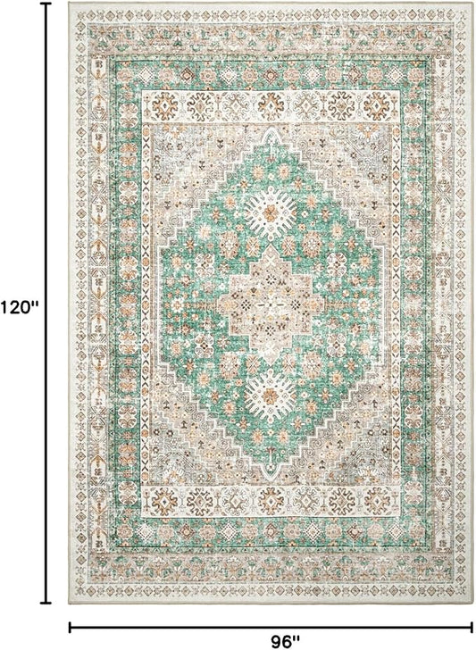 zesthome 8x10 Area Rugs for Living Room,Non-Slip Backing Washable Rugs,Vintage Large Area Rug，Stain Resistant Home Decor Rug (Green/Brown,8'x10')