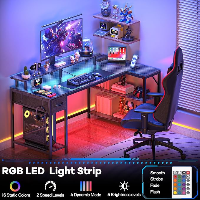 47 inch Gaming Desk with USB Charging Ports and LED Light, Reversible L Shaped Desk, L Shaped Desk with Hook & Monitor Stand, Computer Desk with Drawer and Shelves for Home Office Bedroom