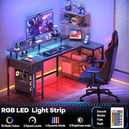 47 inch Gaming Desk with USB Charging Ports and LED Light, Reversible L Shaped Desk, L Shaped Desk with Hook & Monitor Stand, Computer Desk with Drawer and Shelves for Home Office Bedroom