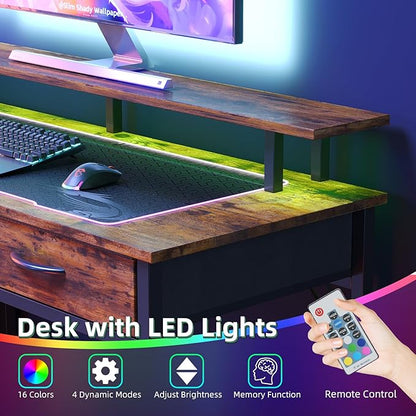 Computer Desk with 5 Drawers, Gaming Desk with LED Lights Power Outlets and Type-C, 47 Inch Office Desk with Storage, Monitor Stand, Writing Desk Work Table for Home Office, Small Spaces, Rustic Brown