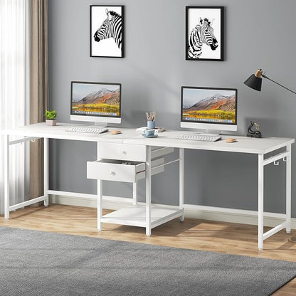 Tribesigns 79 Inch Extra Long Desk, Double Desk with 2 Drawers, Two Person Desk Long Computer Desk with Storage Shelves, Writing Table Study Desk for Home Office, White