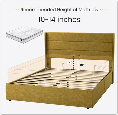 SHA CERLIN Full Size Lift Up Storage Bed/Modern Wingback Headboard/Upholstered Platform Bed Frame/Hydraulic Storage/No Box Spring Needed/Wood Slats Support/Olive Yellow