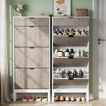 GarveeHome Shoe Cabinet with 3 Flip Doors & 1 Drawer, Entrance Wooden Shoe Rack with Iron Legs, Slim Shoe Storage Cabinet, Modern Fluted Shoe Organizer for Entryway Hallway, White+Grey