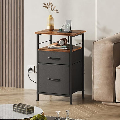 WLIVE Nightstands Set of 2, Night Stand Set 2 with Charging Station, Bedside Tables for Bedroom, Side Table with 2 Fabric Drawers, Small Dresser, USB Ports and Outlets, Black and Rustic Brown