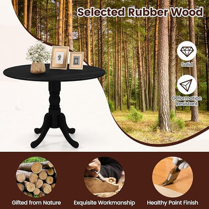 COSTWAY Round Dining Table for 4, 39 inch Kitchen Table with Solid Rubber Wood Frame, Adjustable Foot Pads, Curved Trestle Legs, Mid Century Rustic Dinning Table for Living Room, Black