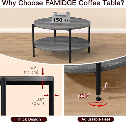 Coffee Table, 2 Tier Coffee Tables for Living Room, Round Coffee Table with Storage, Floor Table for Bedroom, Home Office, Rustic Brown (27.6" D x 18.1" H)