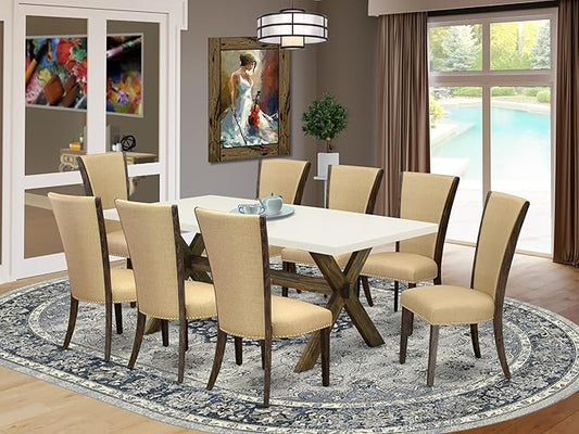 East West Furniture X727VE703-9 9 Piece Kitchen Table Set Includes a Rectangle Dining Table with X-Legs and 8 Brown Linen Fabric Parson Dining Room Chairs, 40x72 Inch, Multi-Color