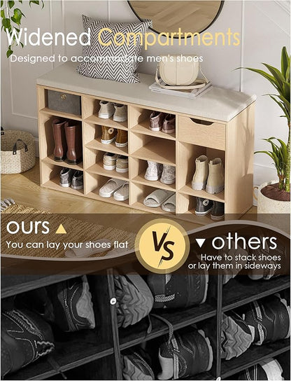 DINZI LVJ Shoe Bench, Entryway Storage Bench with Drawer and 15 Cubbies, Cubby Shoe Rack with Adjustable Shelves, Shoe Organizer Cabinet for Living Room, Bedroom, Mudroom, Closet and Garage, Natural