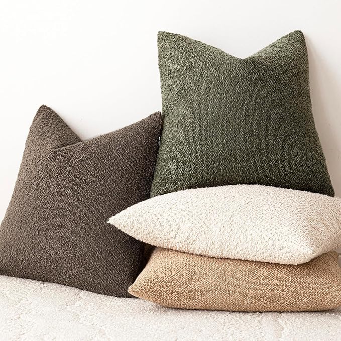 Foindtower Set of 2, Decorative Textured Boucle Throw Pillow Covers Accent Solid Pillow Cases Neutral Soft Cozy Couch Cushion Case for Chair Sofa Bedroom Living Room Home Decor 16x16 Inch Moss Green