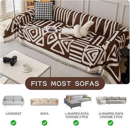 STACYPIK Sofa Covers Decorative, Boho Couch Cover for Sectional, Chocolate Sofa Protector for 3 Cushion Couch, Multi-Use Sofa Cover for Dogs with Tassles, Washable Sofa Slipcover for Loveseat-71X134IN