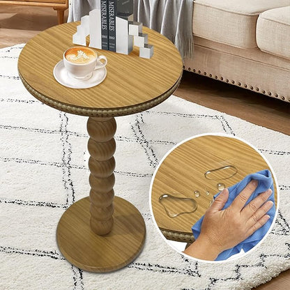 JUIOETURBoho Beaded Round Side Table - Handcrafted Small Accent Table for Small Spaces w/Solid Wood Leg - Drink Table for Living Room, Bedroom, Dorm, Office & Tight Corners (Nature)
