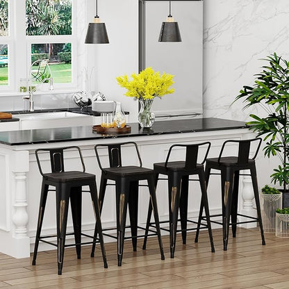 Yongchuang 24" Industrial Metal Barstools Set of 4 Counter Height Bar Stools with Back (24" Seat Height Wood Top Low Back, Distressed Gold)