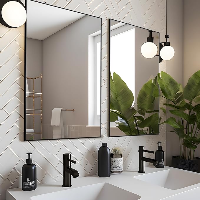 Black Bathroom Mirror 24x36 Inch Rectangular Wall Mirrors Modern Farmhouse Mirror Mounted Rectangle Hanging Mirror Frosted Metal Frame for Bathroom Bedroom Entryway Living/Dressing Room